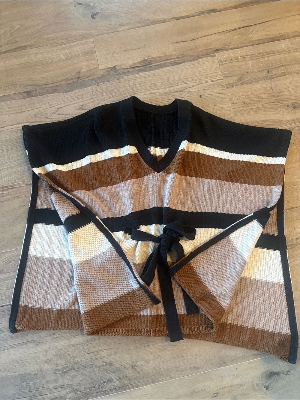 Striped V-Neck Tie-Waist Poncho Sweater - Black, Brown & Cream - Picture 1 of 2